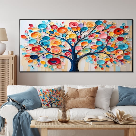 Designart "Abstract Tree in Colorful Style I" Oversized Floral Framed Wall Art - Global Multicolor Tree African Living Room Framed Canvas Art