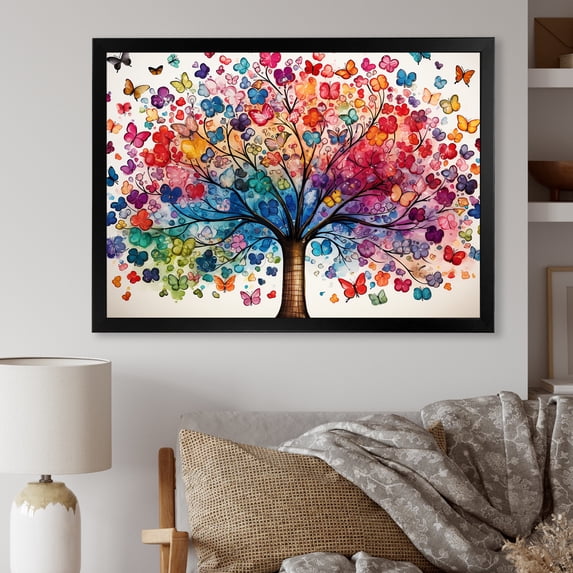 Designart "Abstract Tree in Colorful Style II" Floral Framed Wall Art Decor - Global Multicolor Tree African Hallway Framed Wall Art Decor