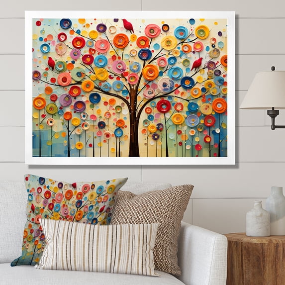 Designart "Abstract Tree in Colorful Style III" Floral Framed Wall Art Decor - Global Multicolor Tree African Entryway Framed Wall Art