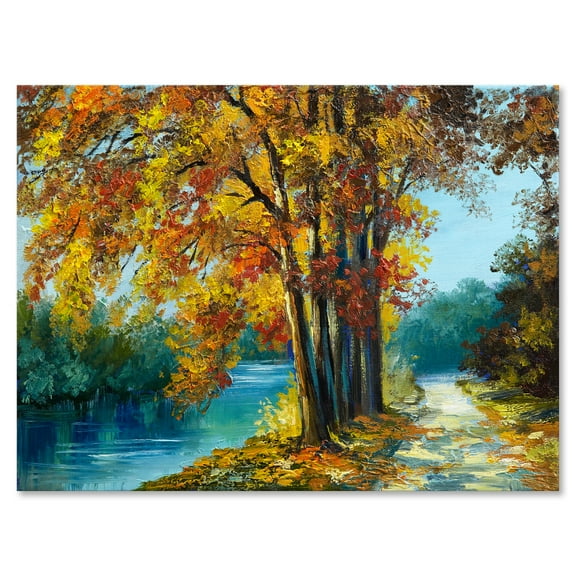 Designart ' Abstract Trees In Warm Autumn Colors By Bright Blue River ' Traditional Canvas Wall Art Print
