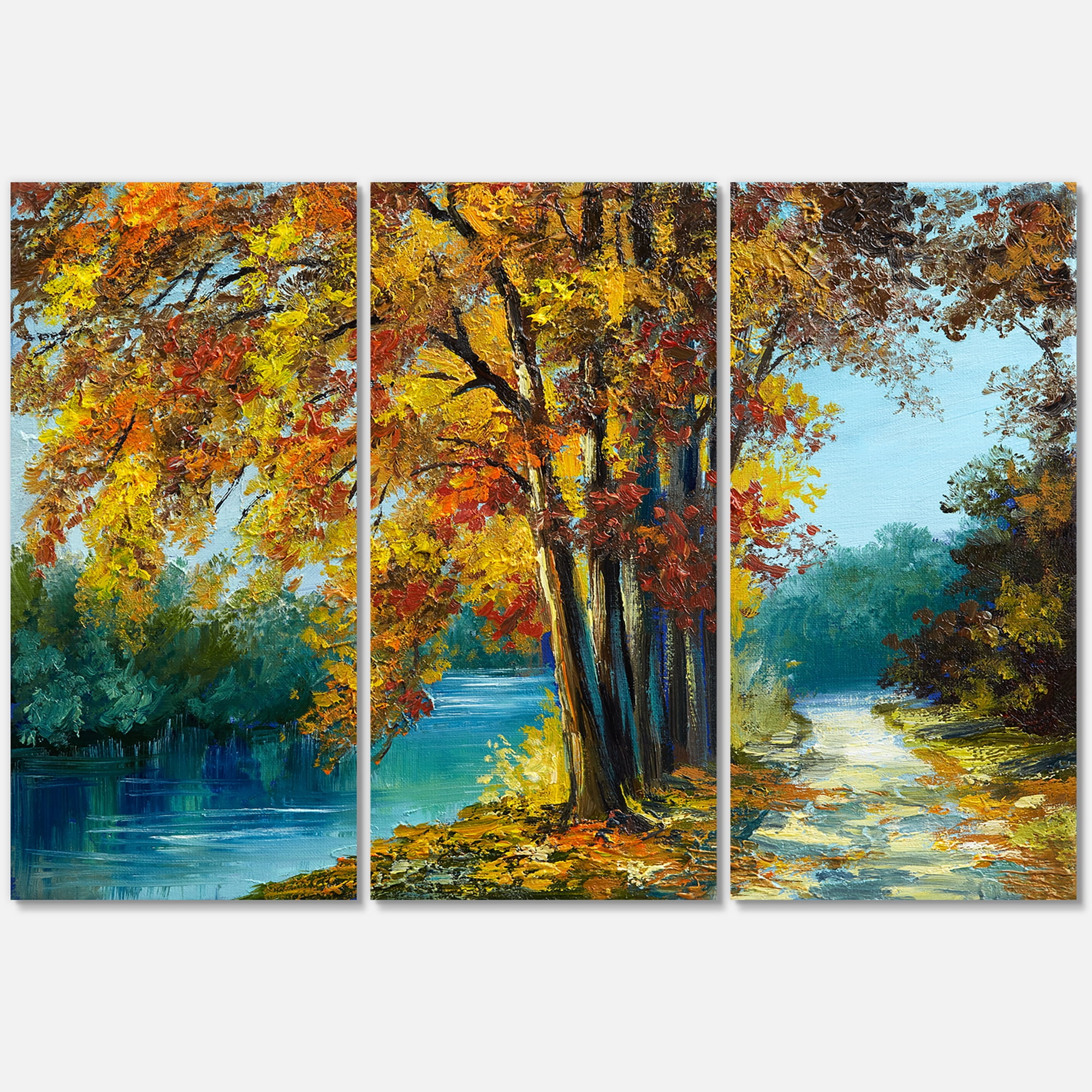 Designart ' Abstract Trees In Warm Autumn Colors By Bright Blue River ' Traditional Canvas Wall Art Print