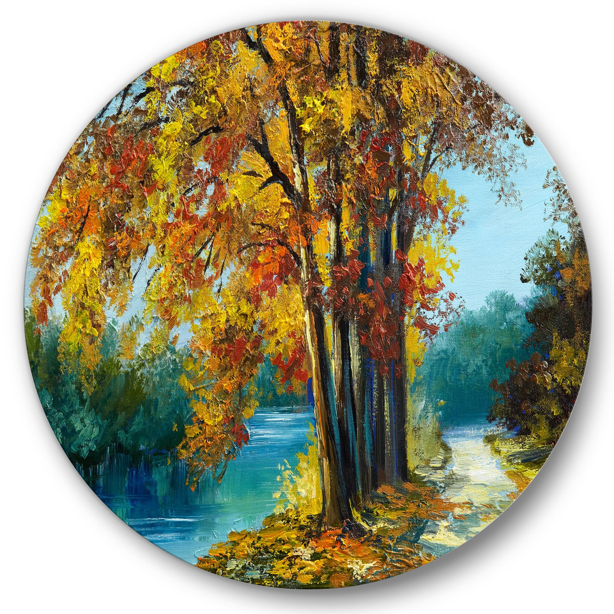 Designart 'Abstract Trees In Warm Autumn Colors By Bright Blue River' Traditional Circle Metal Wall Art 11x11 - Disc of 11