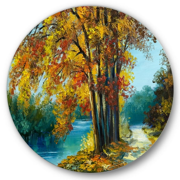Designart 'Abstract Trees In Warm Autumn Colors By Bright Blue River' Traditional Circle Metal Wall Art 36x36 - Disc of 36