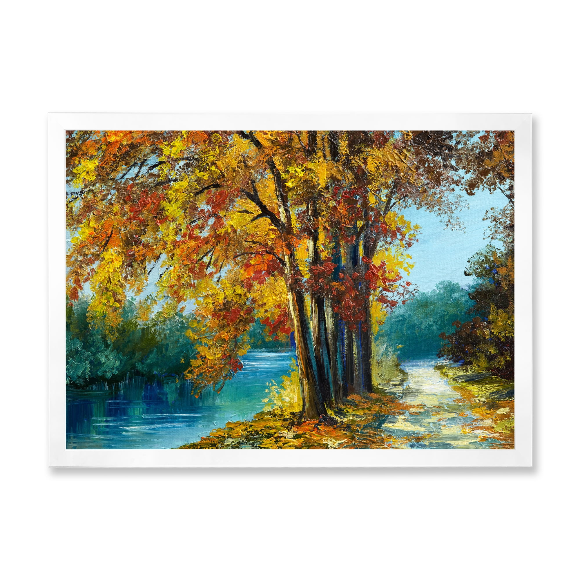 Designart 'Abstract Trees In Warm Autumn Colors By Bright Blue River' Traditional Framed Art Print