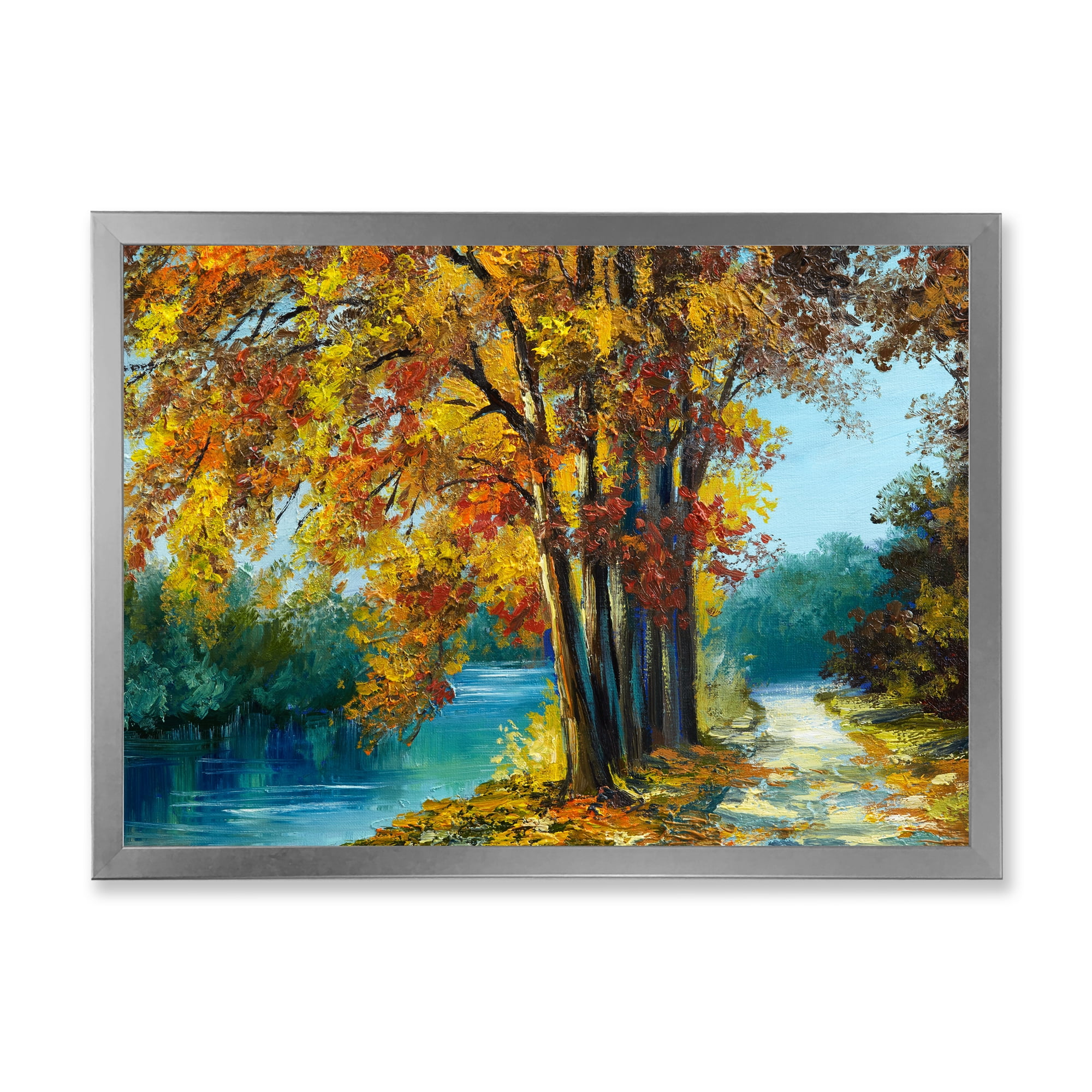 Designart 'Abstract Trees In Warm Autumn Colors By Bright Blue River' Traditional Framed Art Print