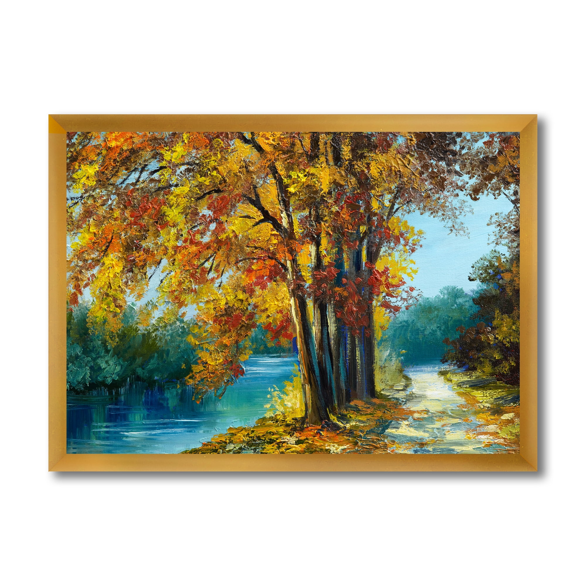 Designart 'Abstract Trees In Warm Autumn Colors By Bright Blue River' Traditional Framed Art Print