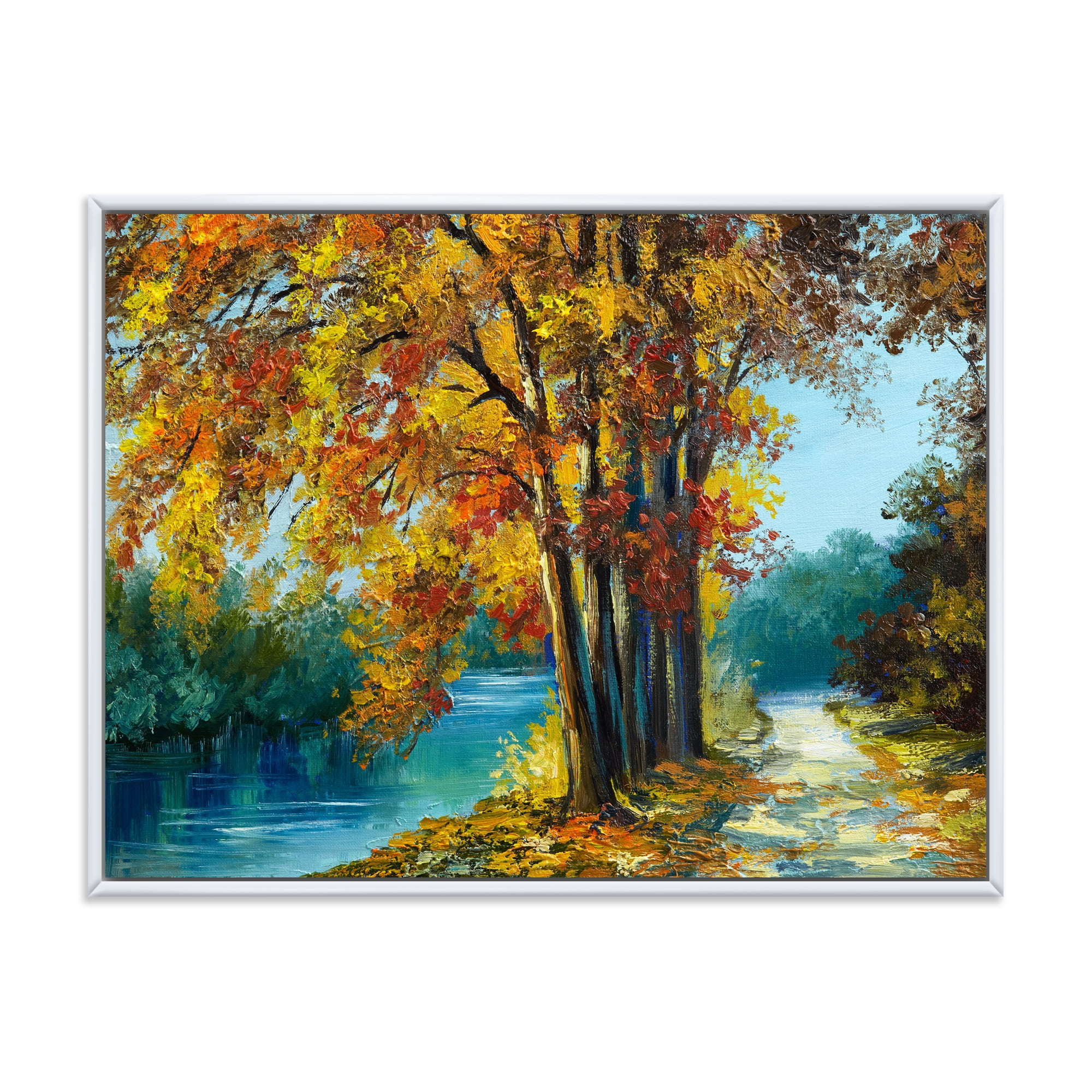 Designart 'Abstract Trees In Warm Autumn Colors By Bright Blue River' Traditional Framed Canvas Wall Art Print