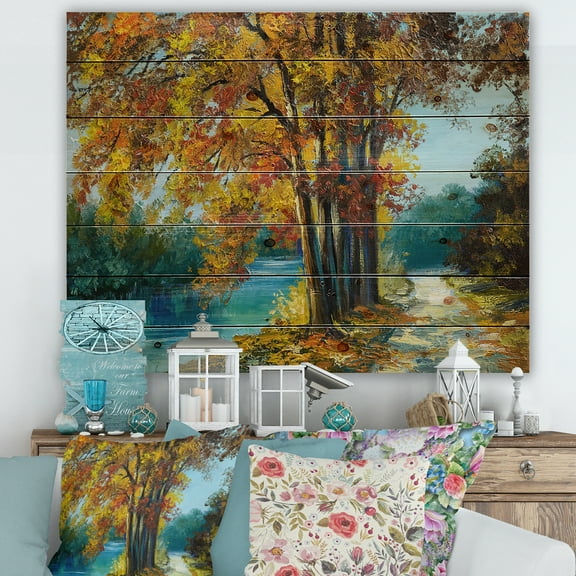 Designart 'Abstract Trees In Warm Autumn Colors By Bright Blue River' Traditional Print on Natural Pine Wood