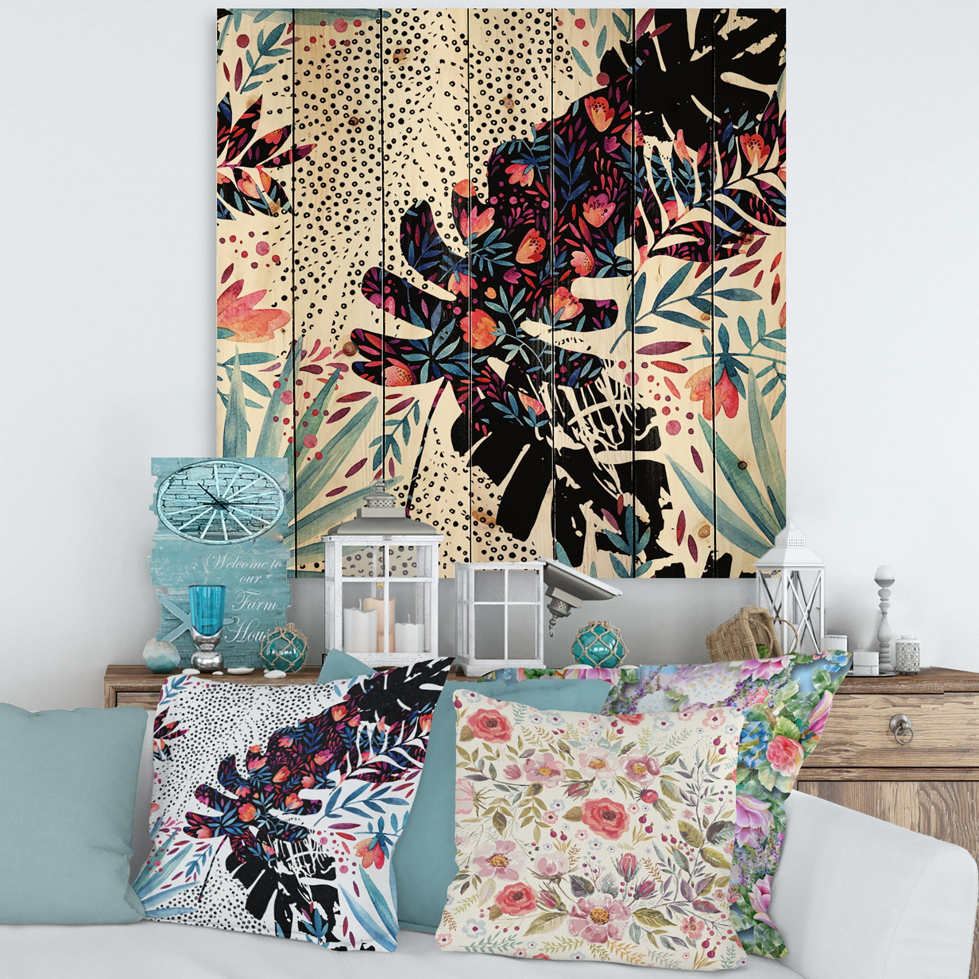 Designart 'Abstract Tropical Floral Patchwork I' Tropical Print on Natural Pine Wood