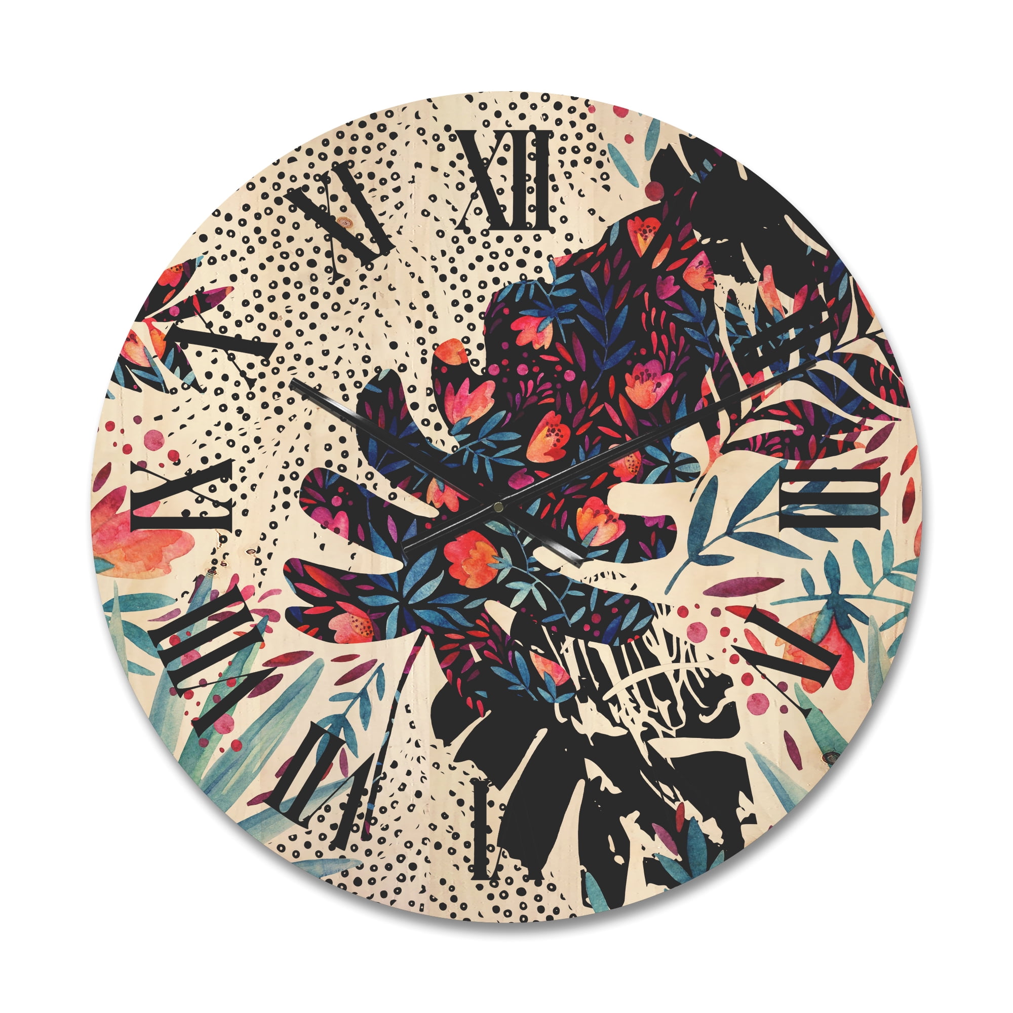 Designart 'Abstract Tropical Floral Patchwork I' Tropical Wood Wall Clock