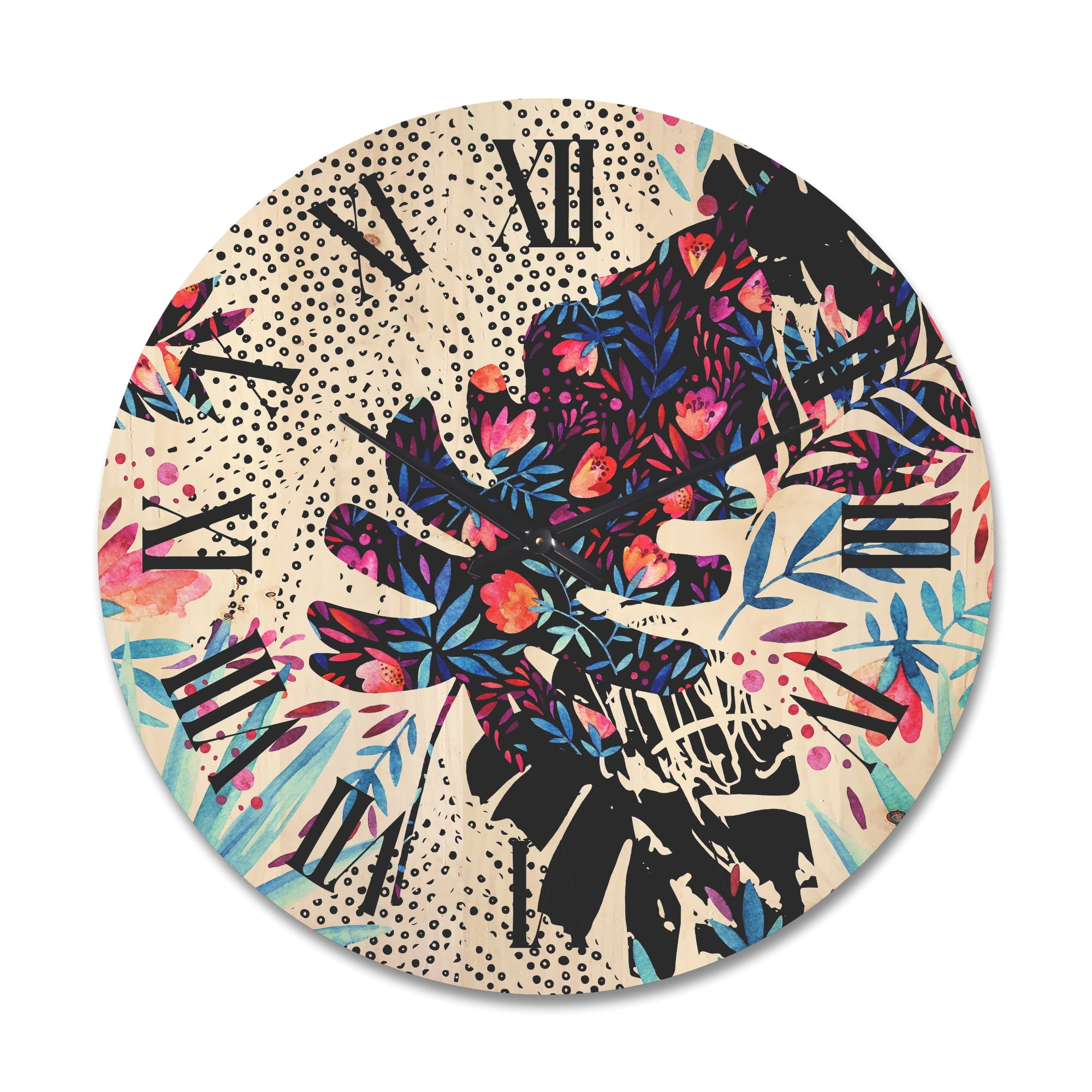 Designart 'Abstract Tropical Floral Patchwork I' Tropical Wood Wall Clock