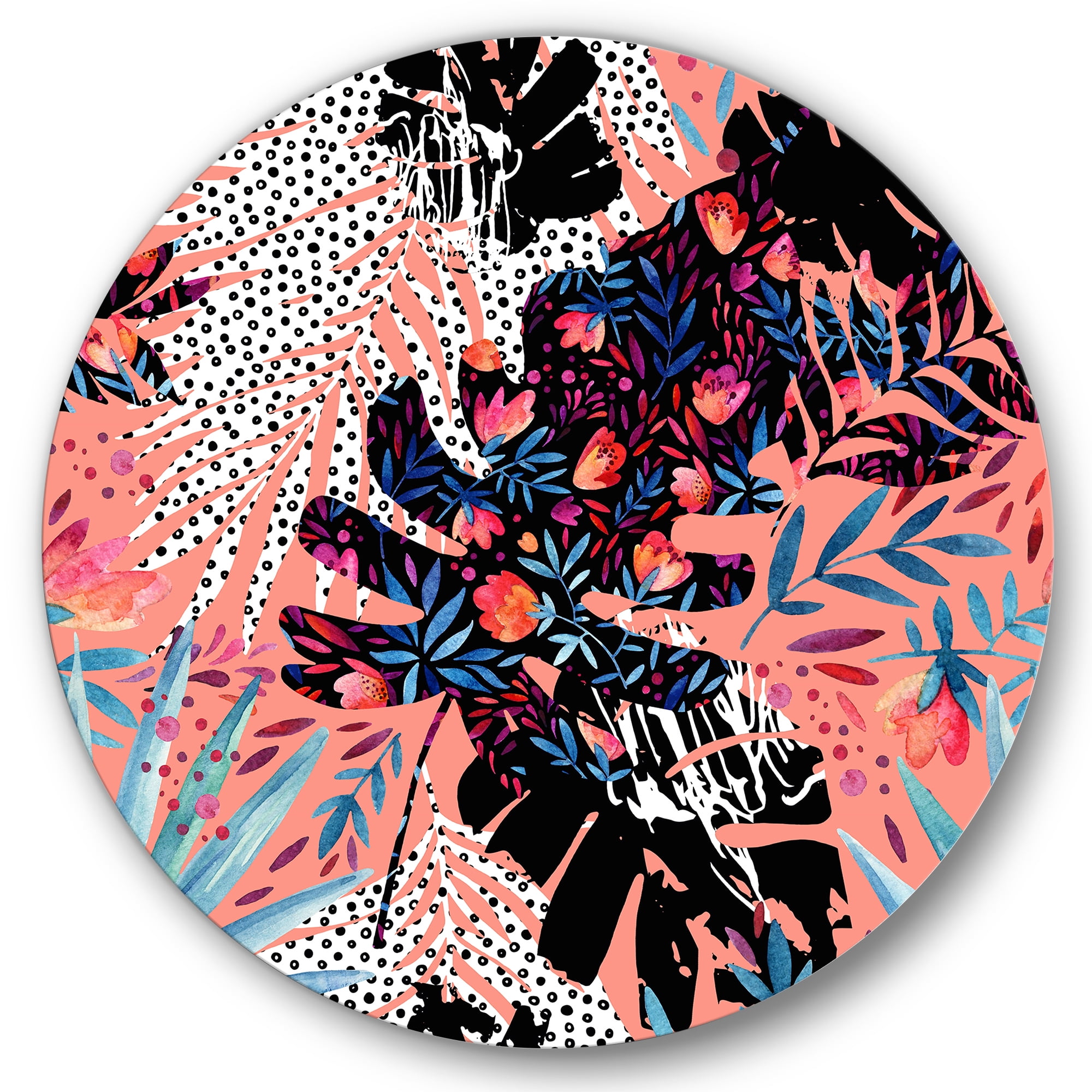 Designart 'Abstract Tropical Floral Patchwork II' Tropical Circle Metal Wall Art 36x36 - Disc of 36