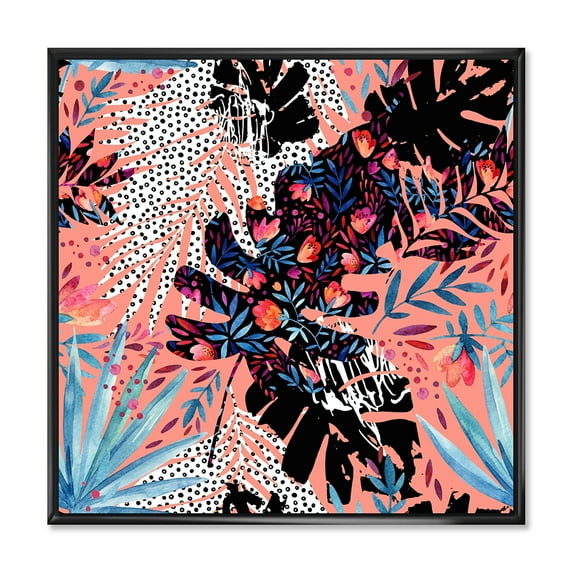 Designart 'Abstract Tropical Floral Patchwork II' Tropical Framed Canvas Wall Art Print