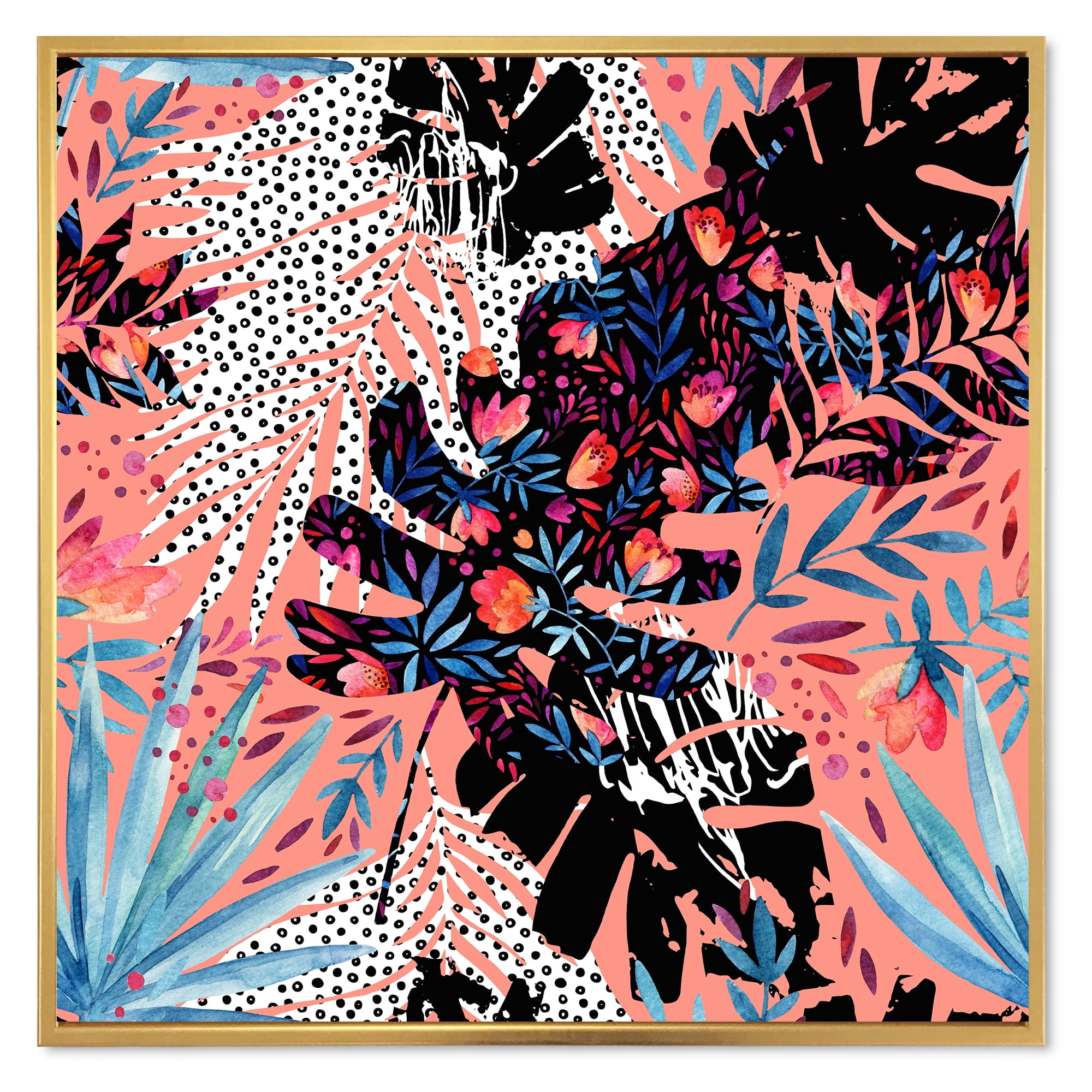 Designart 'Abstract Tropical Floral Patchwork II' Tropical Framed Canvas Wall Art Print