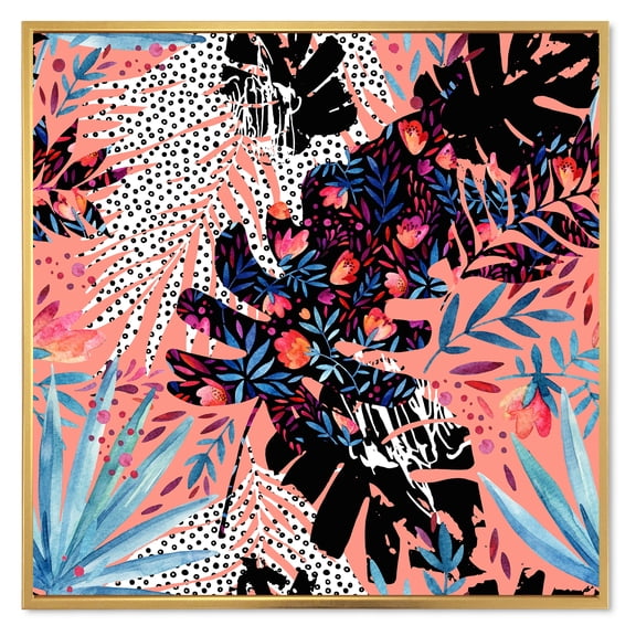 Designart 'Abstract Tropical Floral Patchwork II' Tropical Framed Canvas Wall Art Print