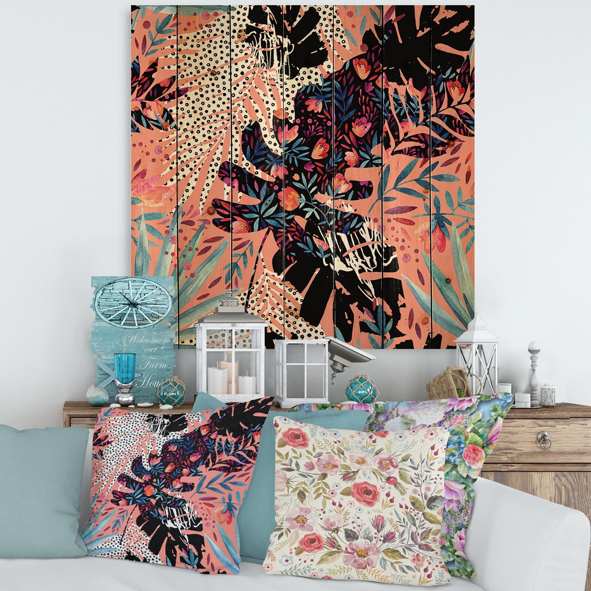 Designart 'Abstract Tropical Floral Patchwork II' Tropical Print on Natural Pine Wood