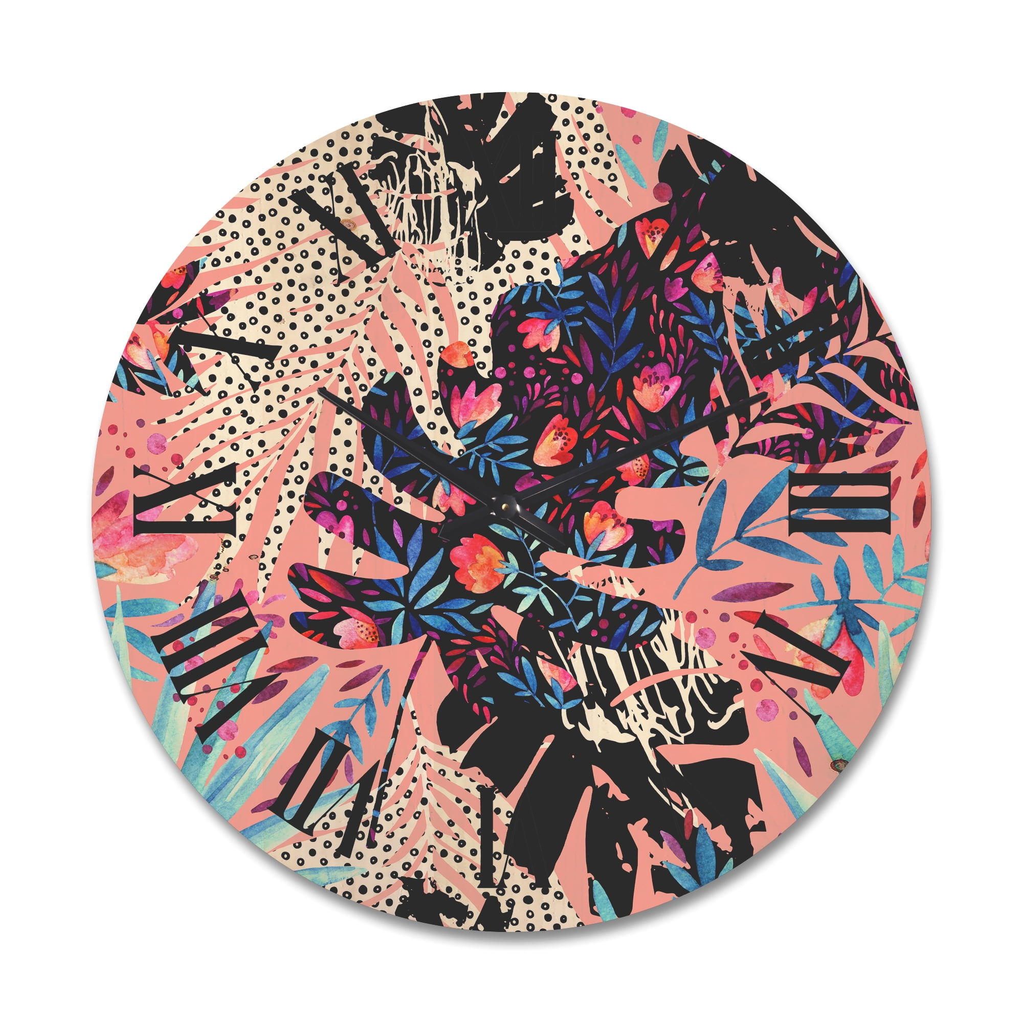 Designart 'Abstract Tropical Floral Patchwork II' Tropical Wood Wall Clock