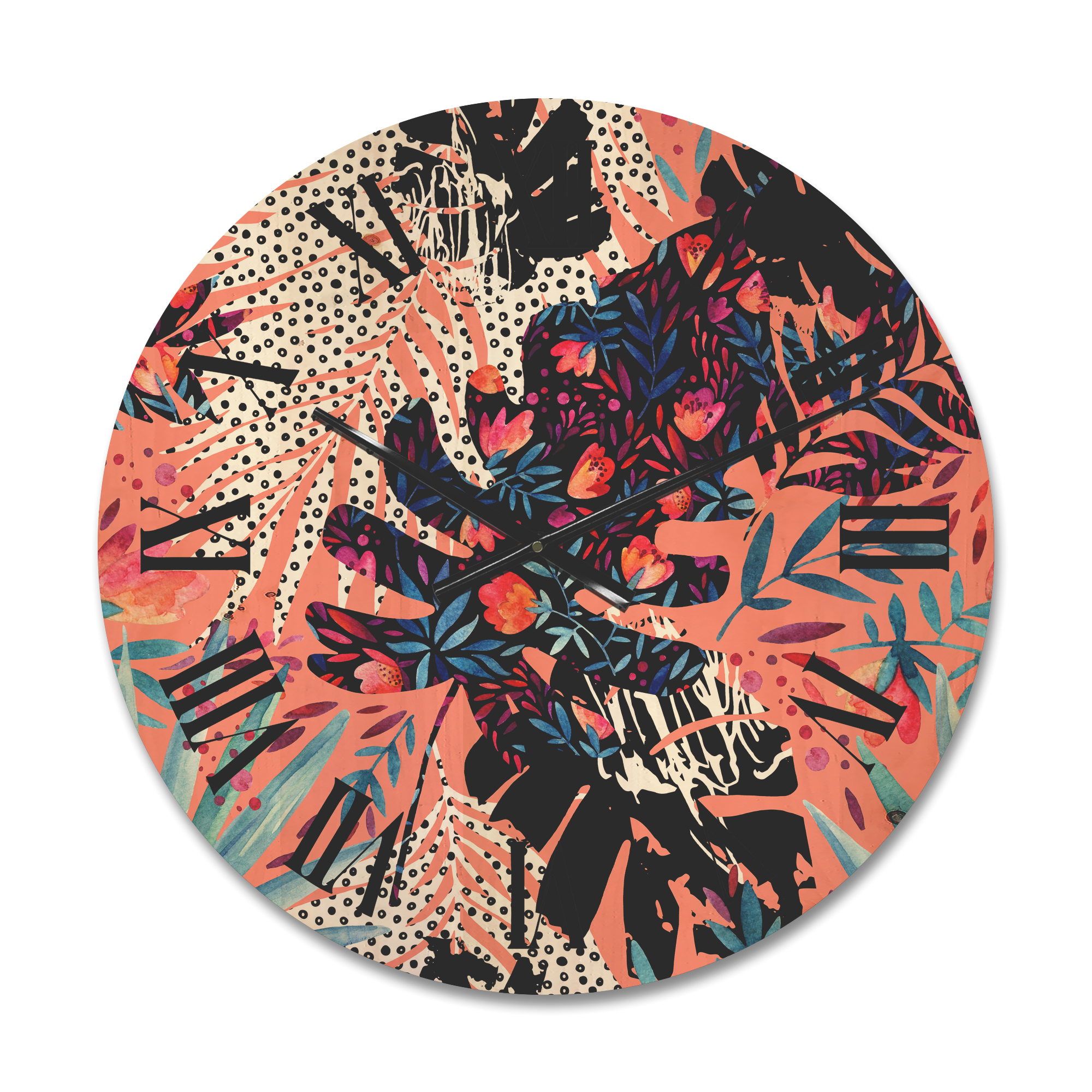Designart 'Abstract Tropical Floral Patchwork II' Tropical Wood Wall Clock