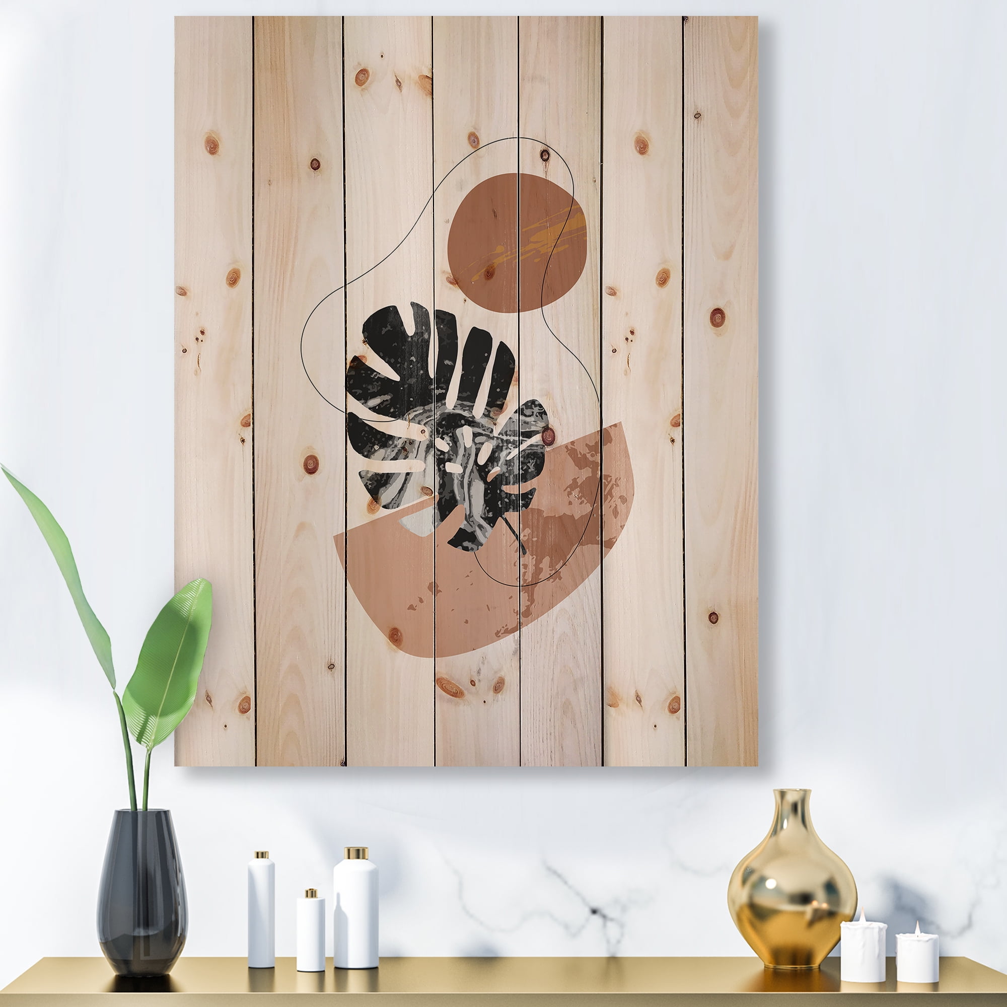 Designart 'Abstract Tropical Monstera Shapes and Leaves' Modern Print on Natural Pine Wood