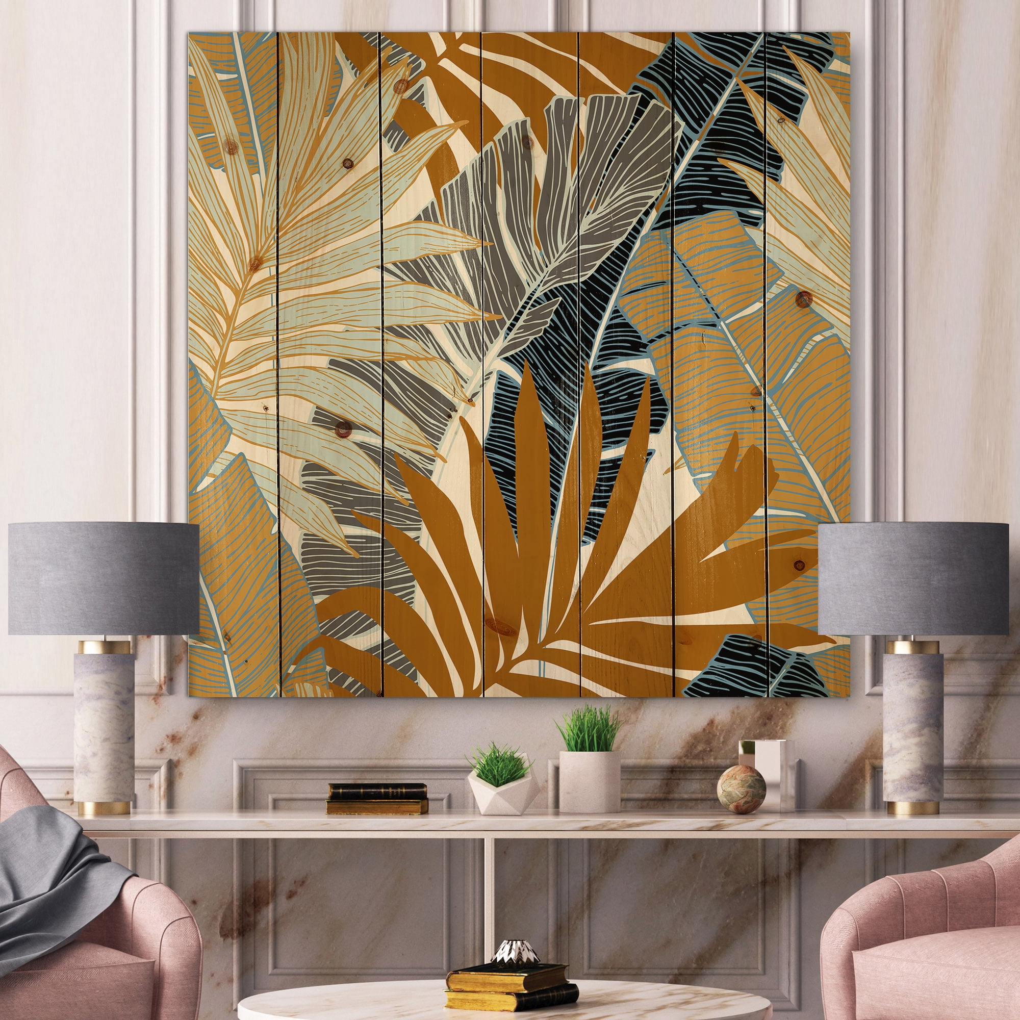 Designart 'Abstract Tropical Summer Banana Leaves and Palm Tree' Modern Print on Natural Pine Wood