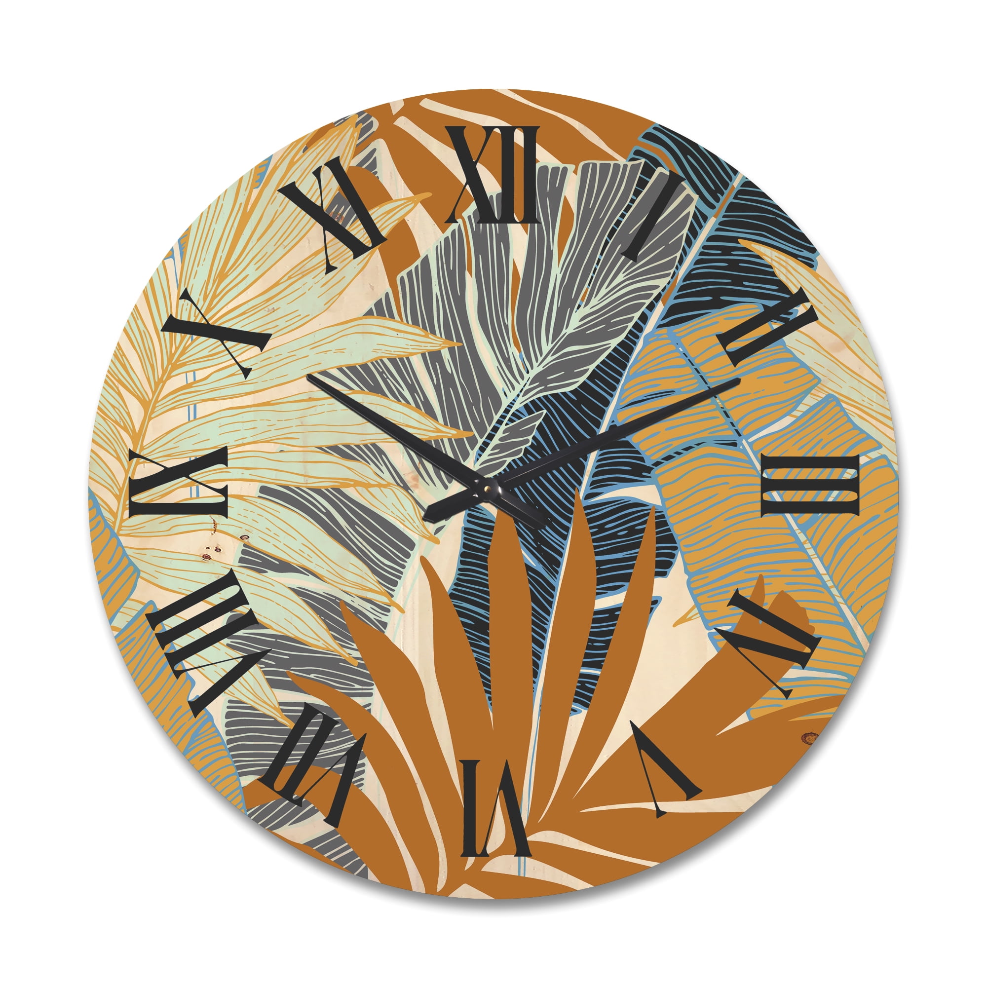 Designart 'Abstract Tropical Summer Banana Leaves and Palm Tree' Modern Wood Wall Clock