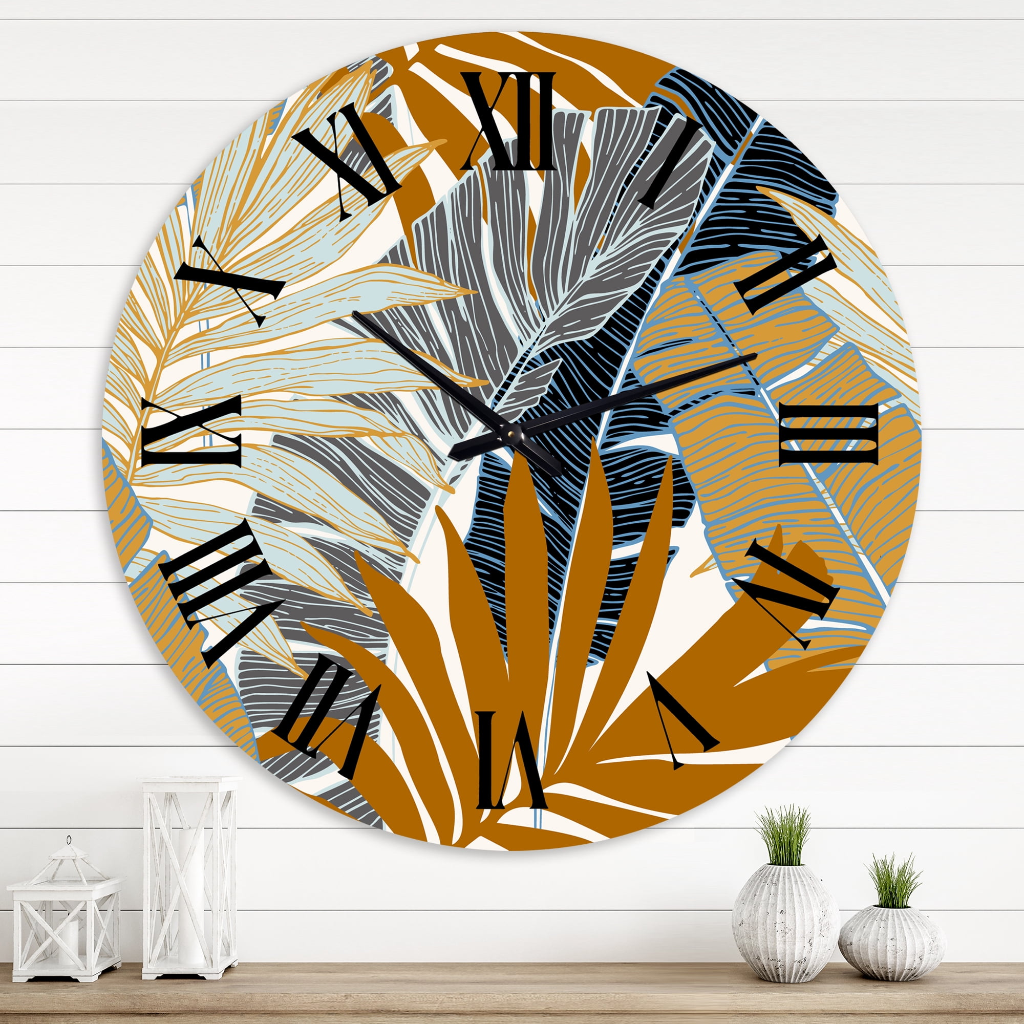 Designart 'Abstract Tropical Summer Palm Tree & Banana Leaves' Modern Wall Clock
