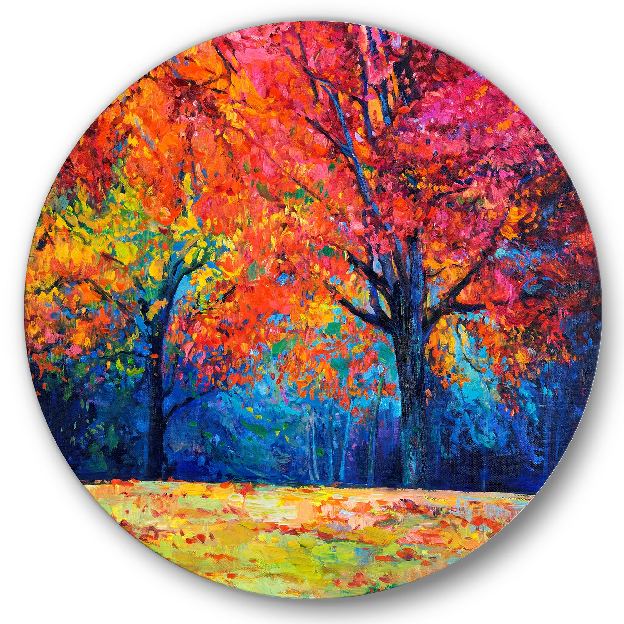 Designart 'Abstract Vibrant Red Tree In Autumn Landscape' Traditional Circle Metal Wall Art 29x29 - Disc of 29