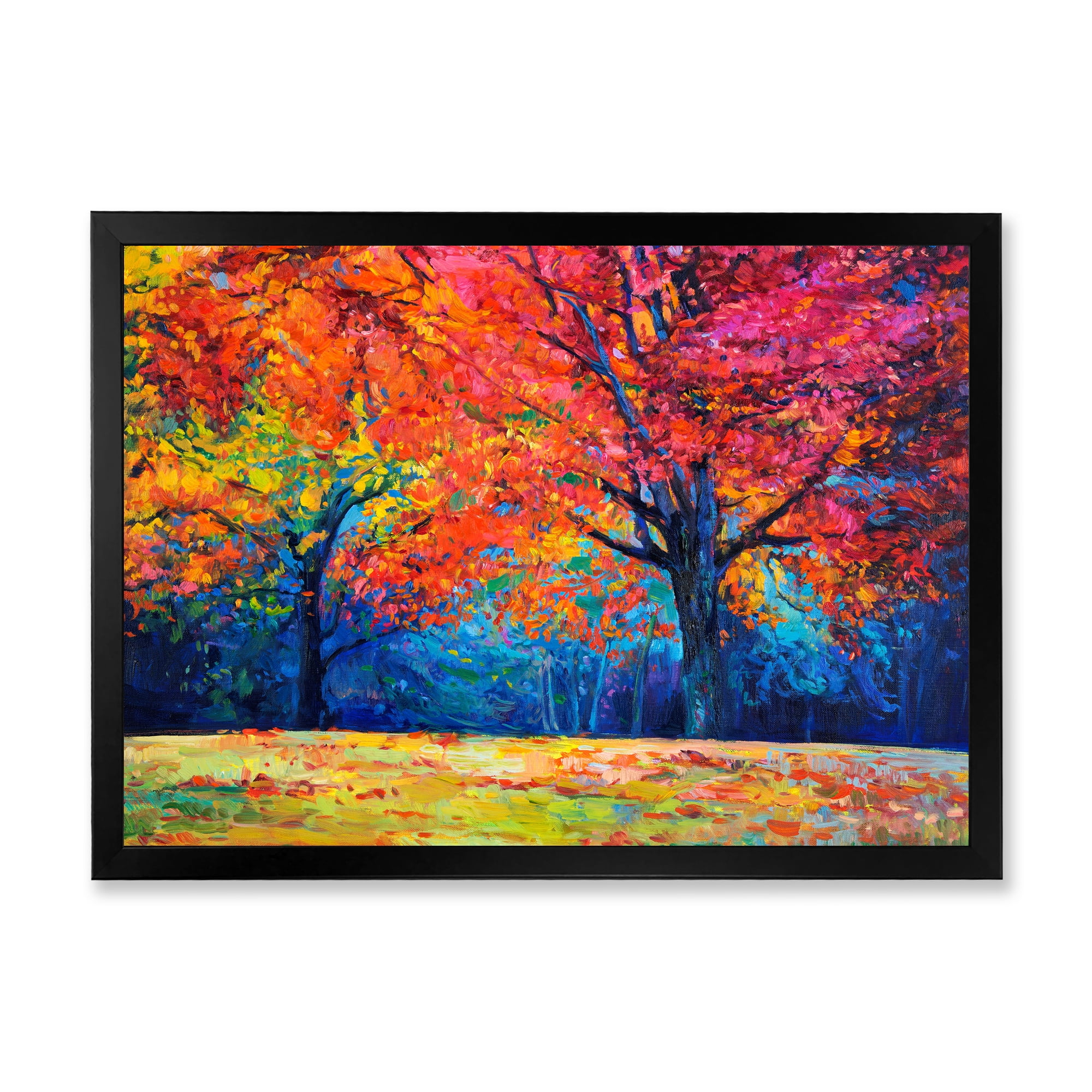 Designart 'Abstract Vibrant Red Tree In Autumn Landscape' Traditional Framed Art Print