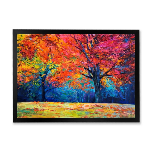 Designart 'Abstract Vibrant Red Tree In Autumn Landscape' Traditional Framed Art Print