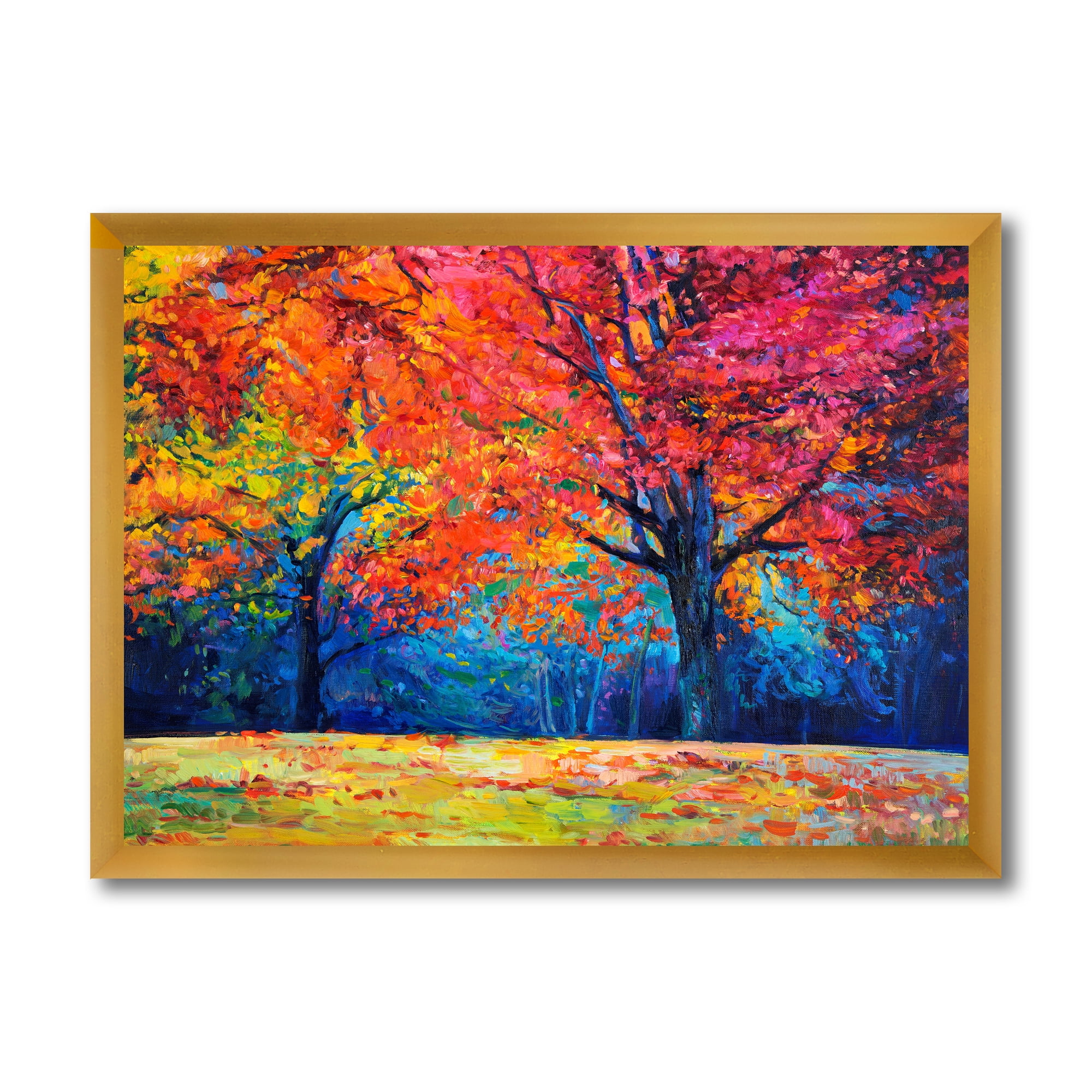 Designart 'Abstract Vibrant Red Tree In Autumn Landscape' Traditional Framed Art Print