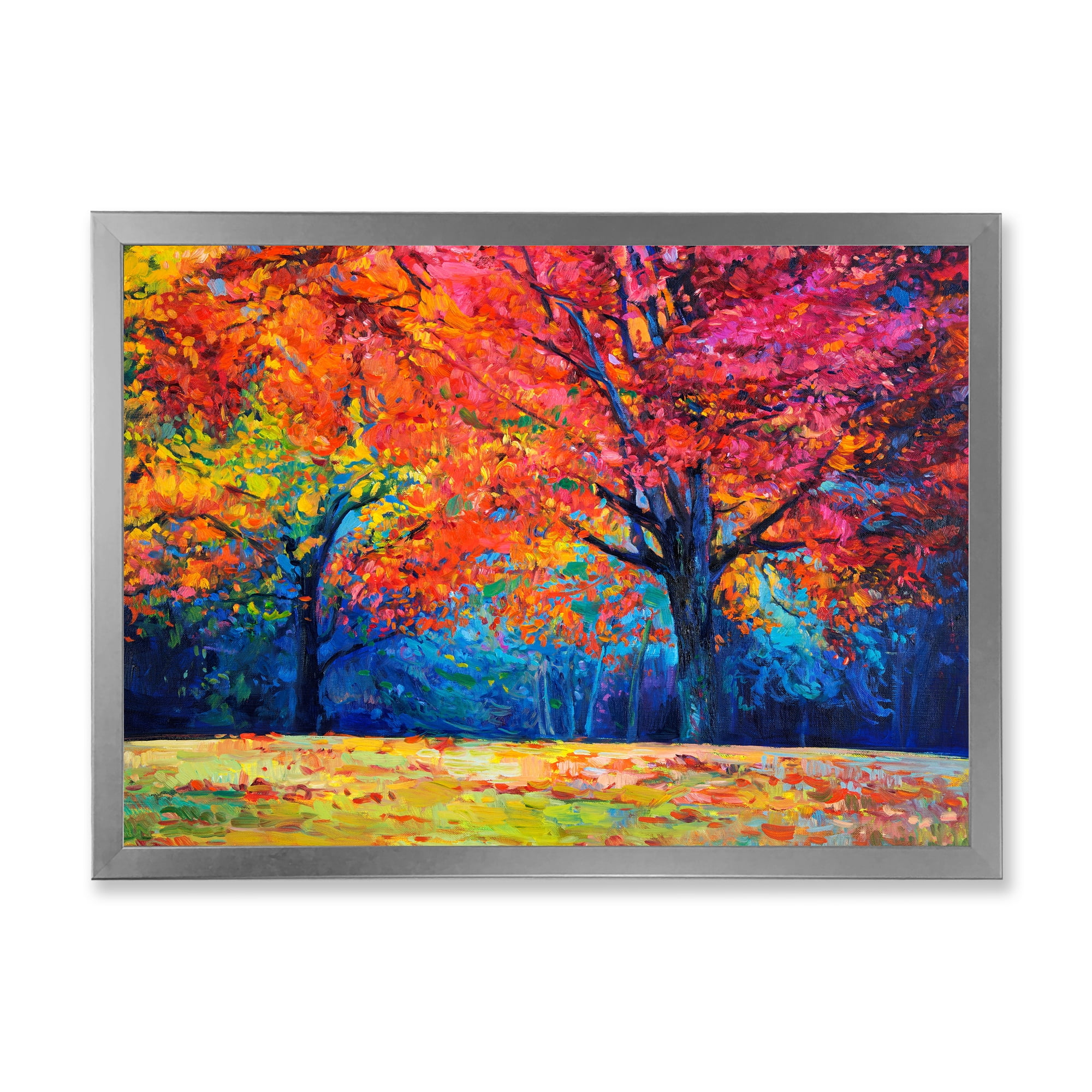 Designart 'Abstract Vibrant Red Tree In Autumn Landscape' Traditional Framed Art Print