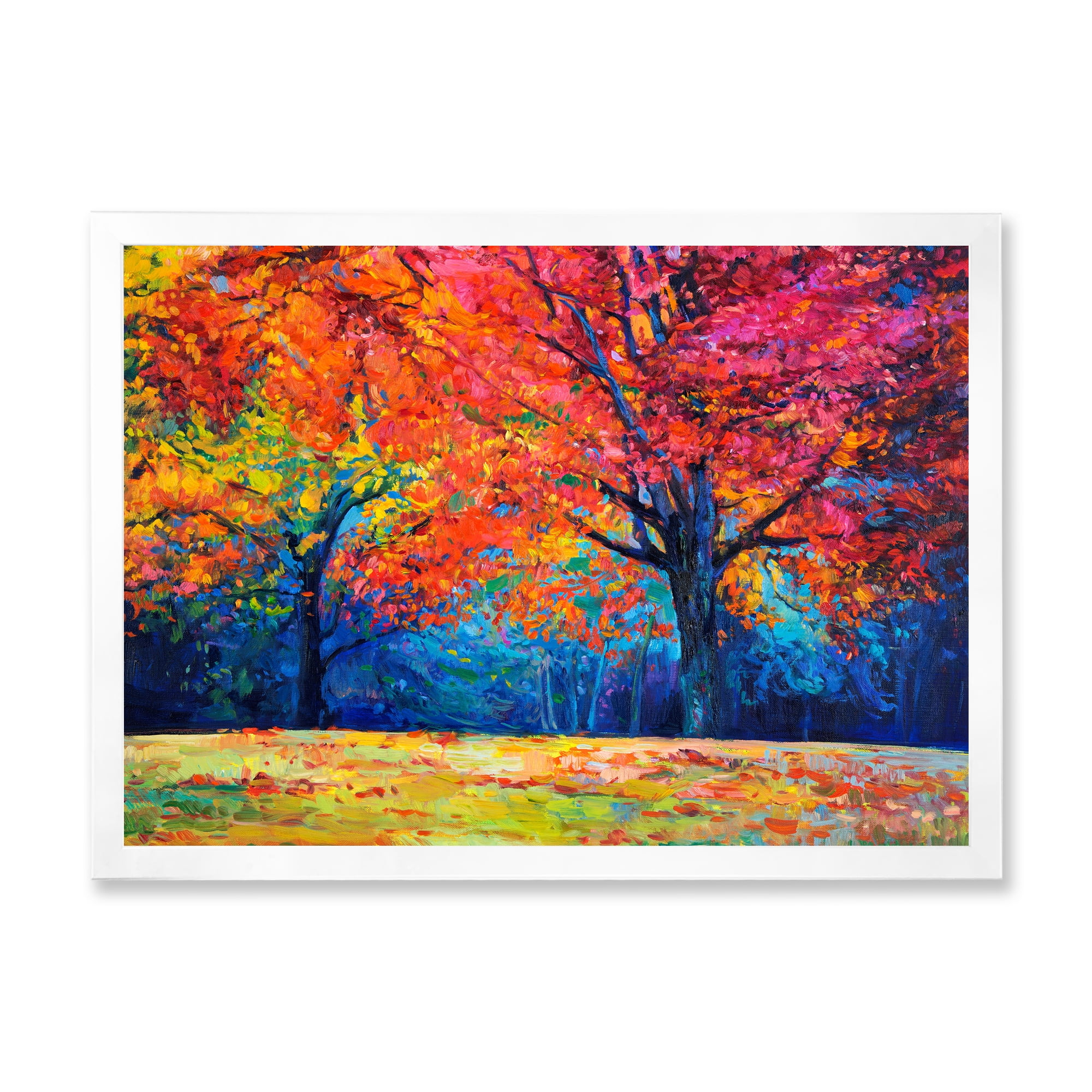 Designart 'Abstract Vibrant Red Tree In Autumn Landscape' Traditional Framed Art Print