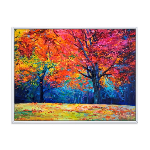 Designart 'Abstract Vibrant Red Tree In Autumn Landscape' Traditional Framed Canvas Wall Art Print