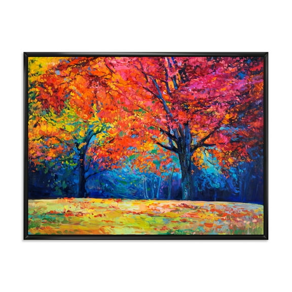 Designart 'Abstract Vibrant Red Tree In Autumn Landscape' Traditional Framed Canvas Wall Art Print