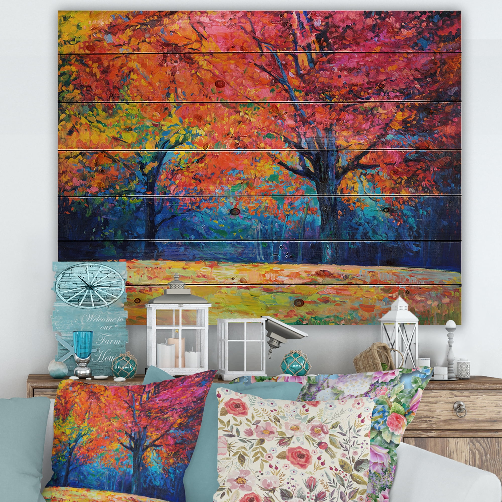 Designart 'Abstract Vibrant Red Tree In Autumn Landscape' Traditional Print on Natural Pine Wood