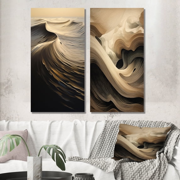 Designart "Abstract Waves Retro Beauty in Beige and Black I" Coastal Waves Wall Art Set Of 2 - Coastal Beige Gallery Set For Office Decor