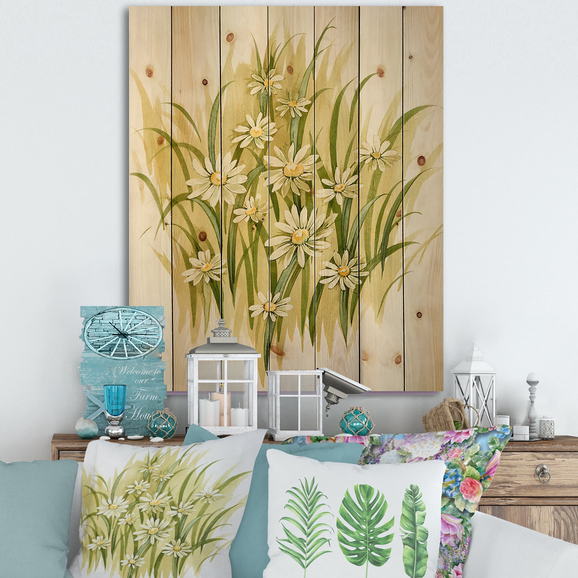 Designart 'Abstract White Meadow Flowers' Traditional Print on Natural Pine Wood