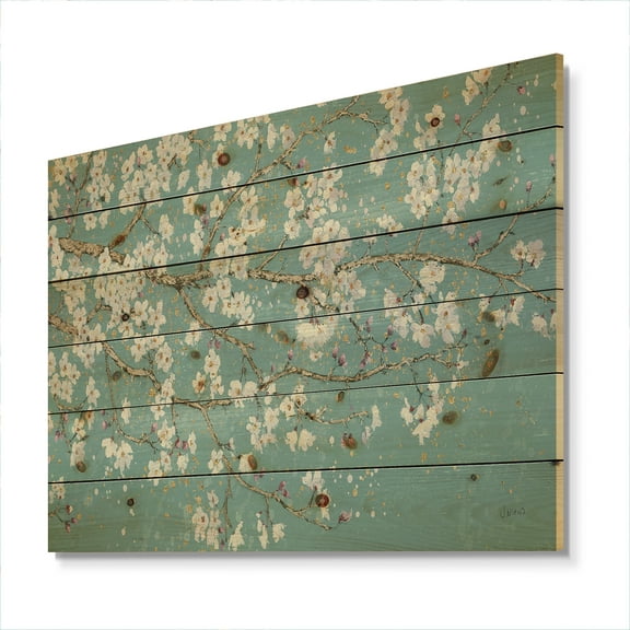 Designart 'Abstract Whtite Floral Tree Branches' Traditional Print on Natural Pine Wood