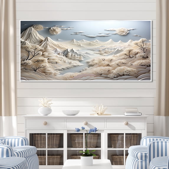Designart "Abstract Winter Wonderland Snowy Mountain Peaks II" Oversized Landscapes Framed Wall Art - Modern White Abstract Landscapes Living Room Framed Canvas Art