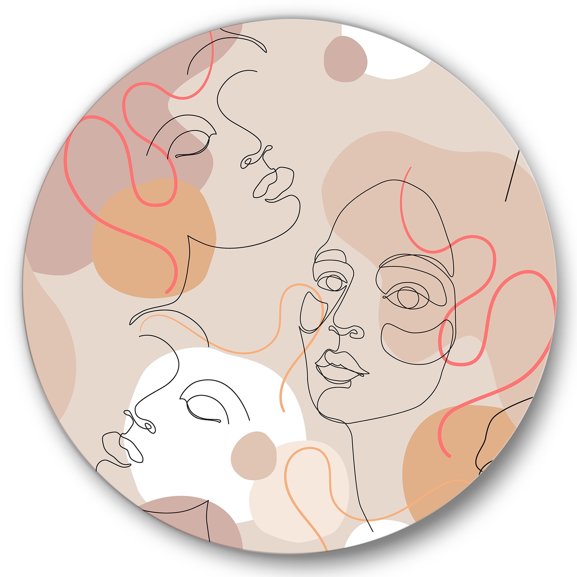 Designart 'Abstract Woman Portraits With One Line ' Modern Circle Metal Wall Art 29x29 - Disc of 29