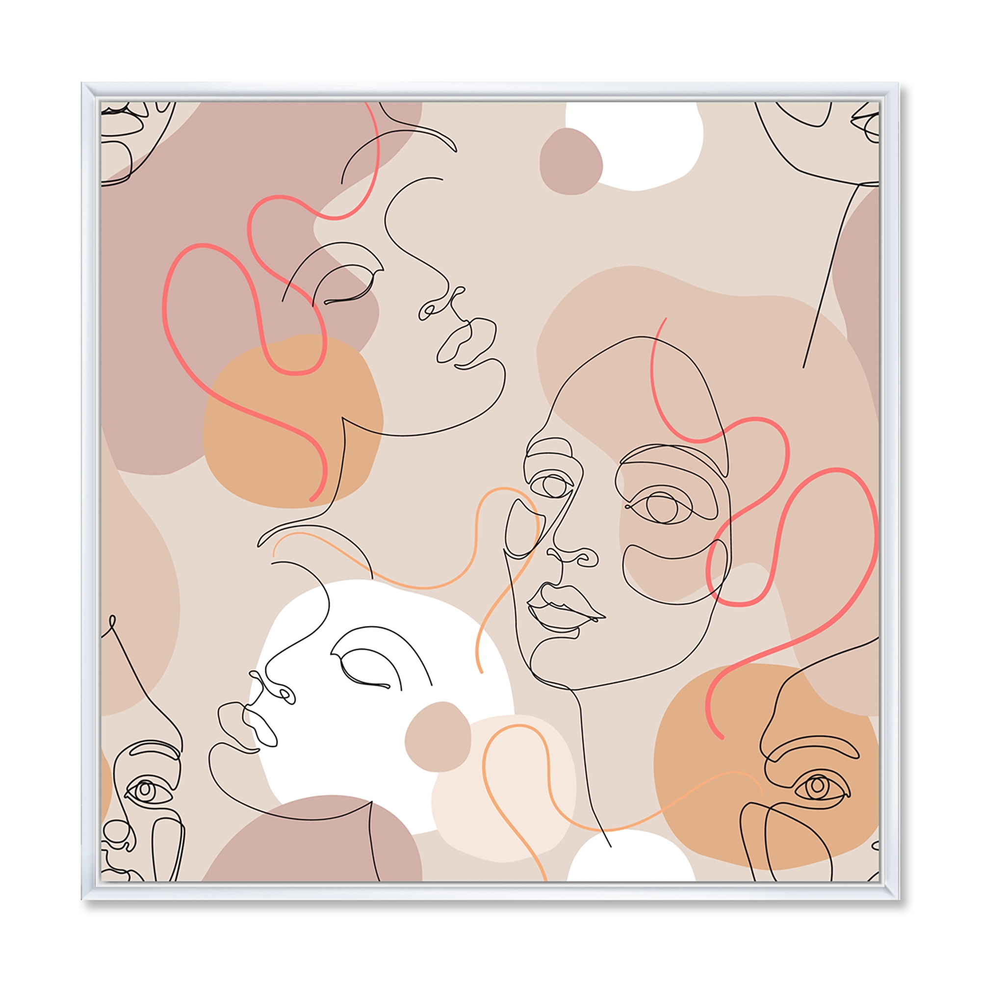 Designart 'Abstract Woman Portraits With One Line ' Modern Framed Canvas Wall Art Print
