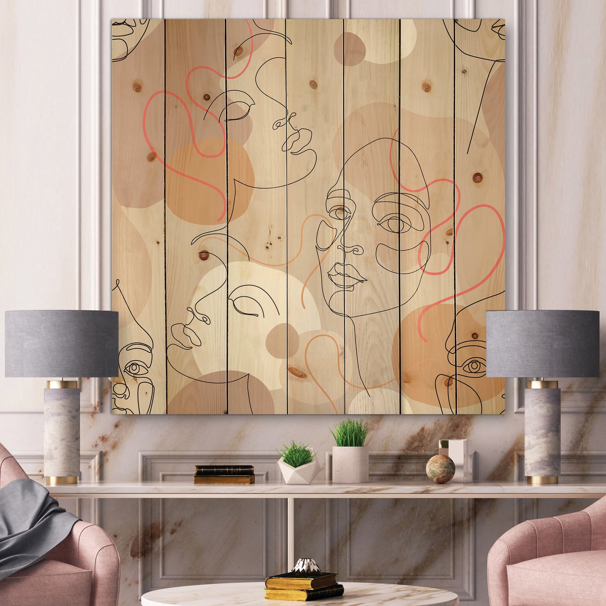 Designart 'Abstract Woman Portraits With One Line ' Modern Print on Natural Pine Wood