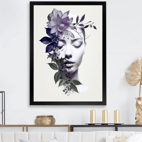 Designart "Abstract Woman in Purple Yin Yang II" Fashion Framed Wall Art - Glam Purple Woman Abstract Hallway Framed Wall Art Decor