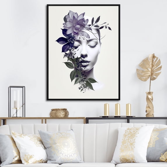 Designart "Abstract Woman in Purple Yin Yang II" Fashion Framed Wall Art - Glam Purple Woman Abstract Hallway Framed Wall Art Decor
