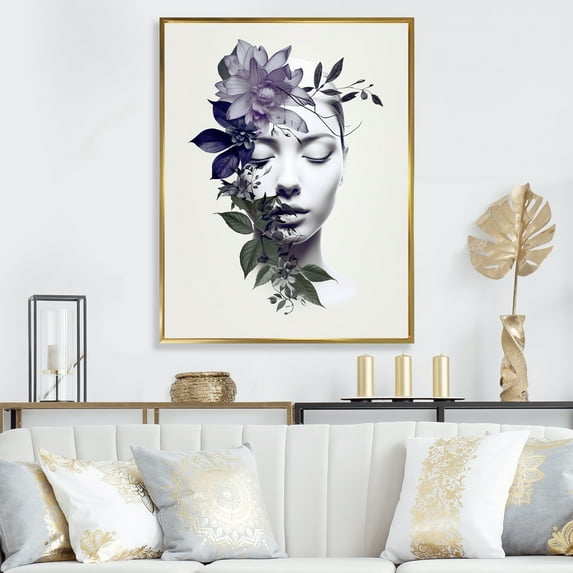 Designart "Abstract Woman in Purple Yin Yang II" Fashion Framed Wall Art - Glam Purple Woman Abstract Hallway Framed Wall Art Decor