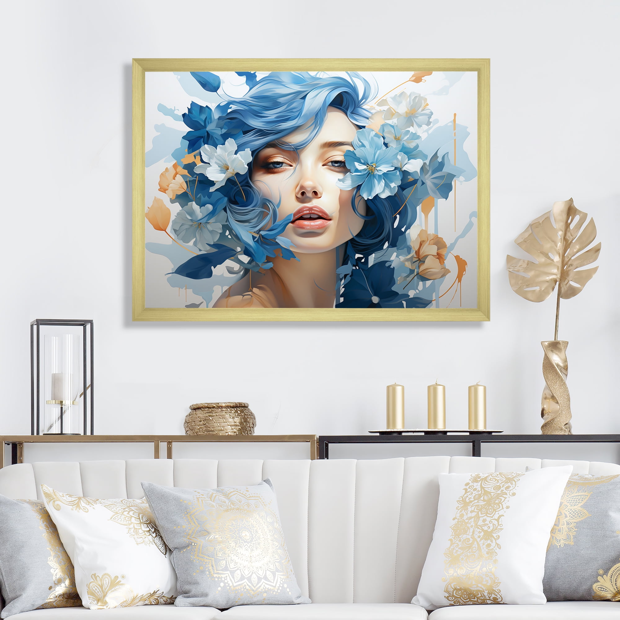 Designart "Abstract Woman with Flowers in Blue and Beige I" Fashion