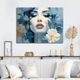 thumbnail image 1 of Designart "Abstract Woman with Flowers in Blue and Beige II" Fashion Wall Art - Glam Blue Fashion Woman Living Room Canvas Art, 1 of 4