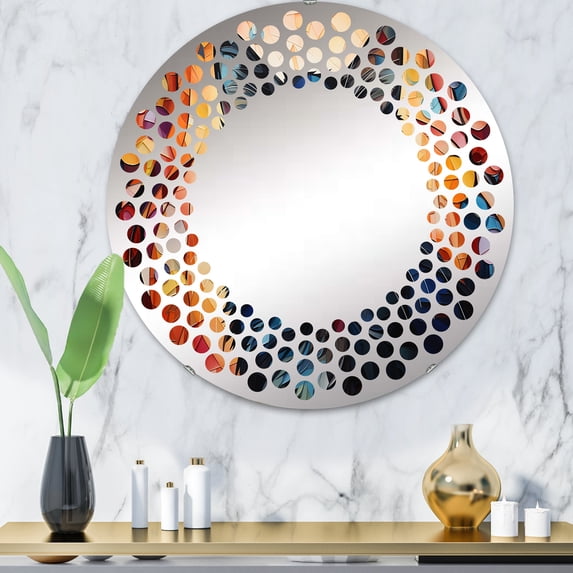 Designart "Abstract Wondrous Munchkin Cat Depiction I" Animals Cat Polka Dot Round Wall Mirror - Animals Oval Printed Decorative Mirror - Multiple Color Options
