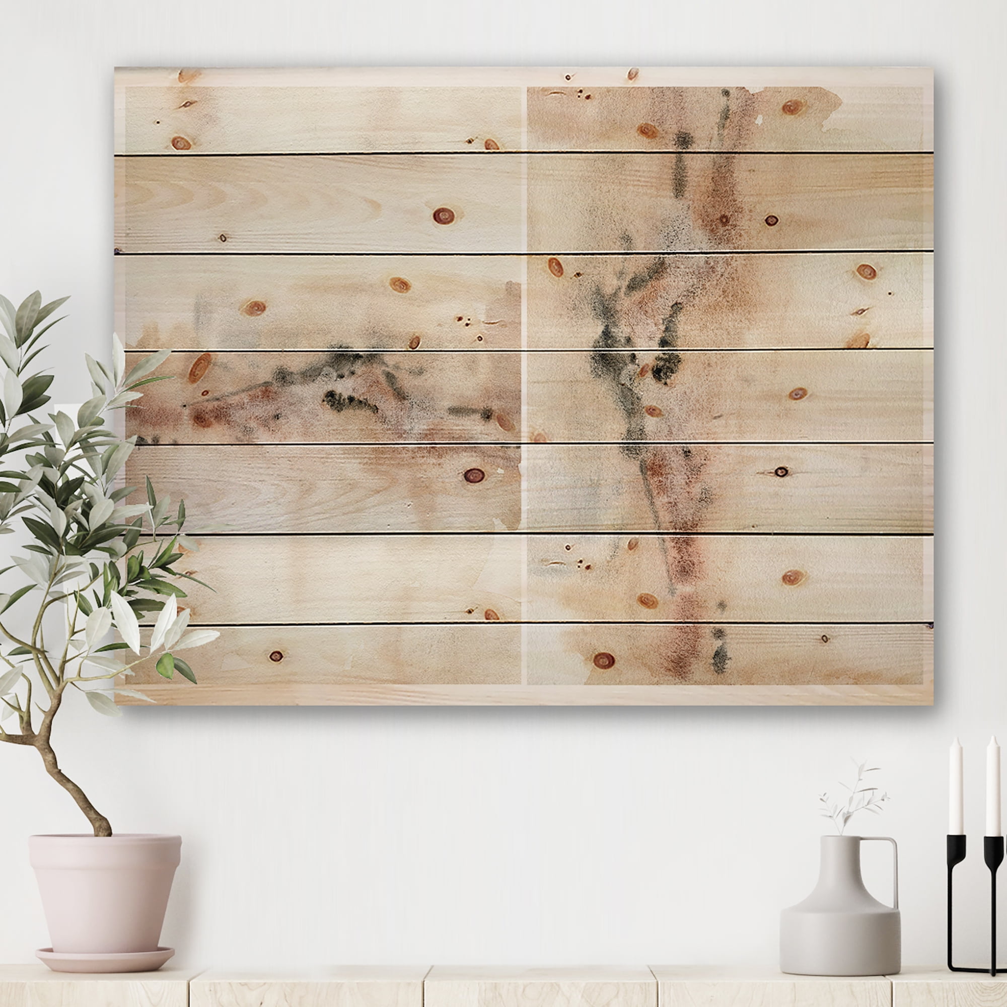 Designart 'Abstract Yelllow Red Beige and Pink Spots Pastel' Modern Print on Natural Pine Wood