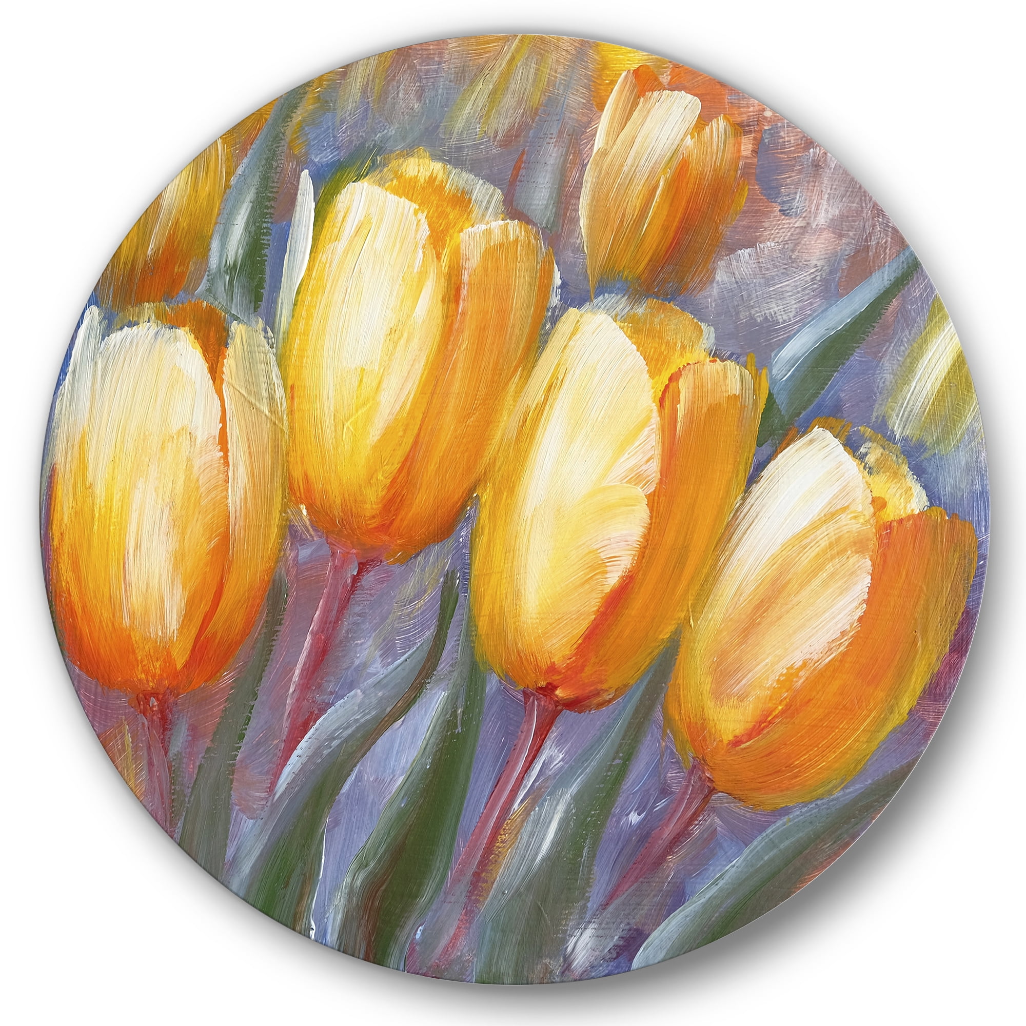 Designart 'Abstract Yellow Blooming Tulips' Traditional Circle Metal Wall Art 11x11 - Disc of 11